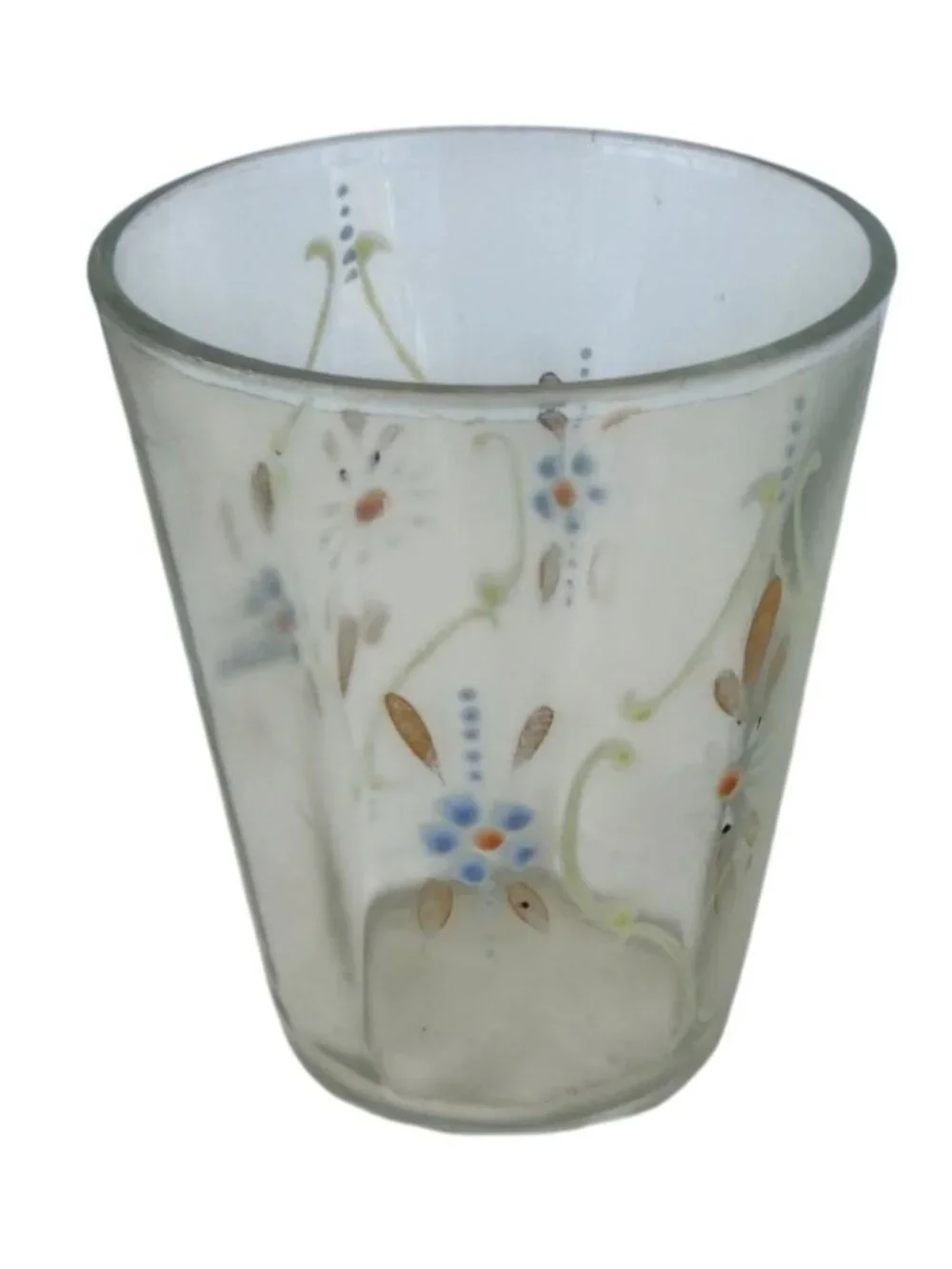 Vintage Enamel Hand‑Painted Glass Tumbler Blue White Daisy Gold Accents - Picture 1 of 4